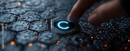 Finger activates glowing 'C' on futuristic hexagonal surface. photo