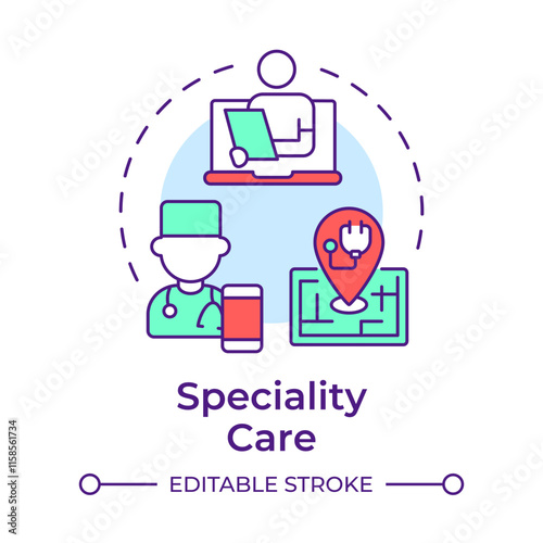 Speciality care multi color concept icon. Virtual medicine for underserved areas. Application of telehealth. Round shape line illustration. Abstract idea. Graphic design. Easy to use in booklet