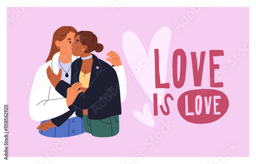 Design of Valentine's Day card with romantic LGBT couple. Template of 14 February postcard with kissing lesbians. Happy lovers, beloveds love each other, hug together. Flat vector illustration