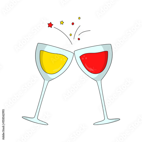 Red and Yellow Drinks wine Illustration for New Year Celebration. Wine Bottle, Hand, Cheers, Fireworks vector
