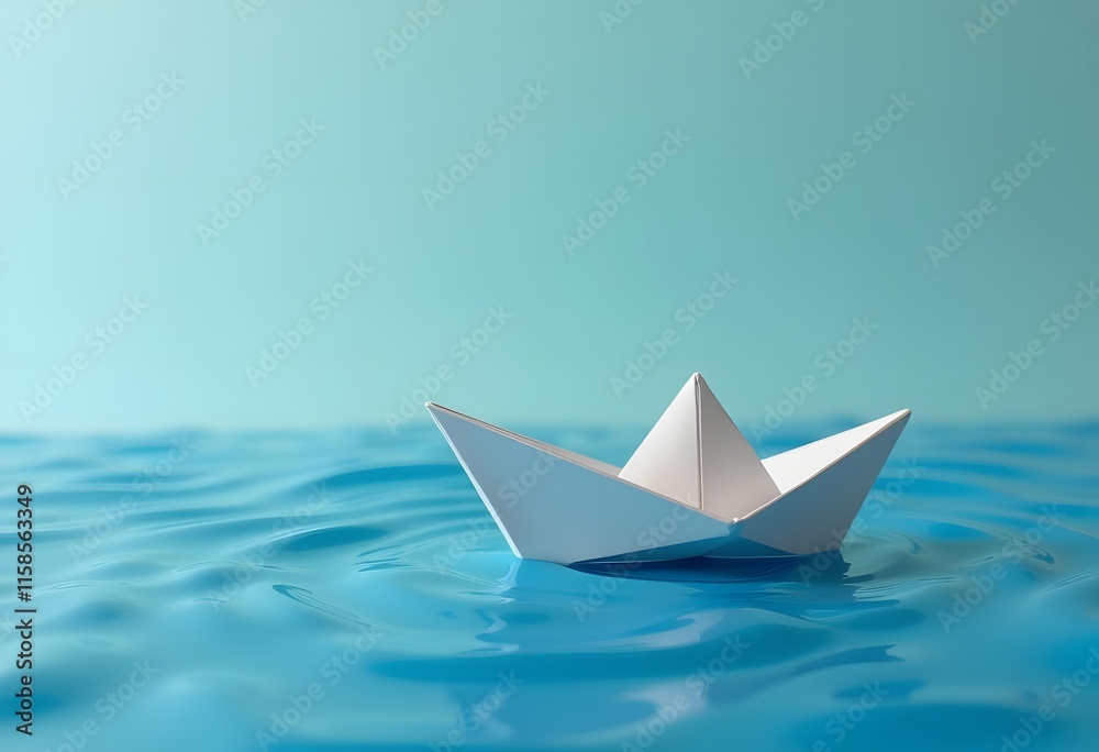 Close-up of simple small white origami paper boat floating quietly in blue clear river or sea water under bright summer sky. Freedom, dreams and fantasies concept, copyspace background.
Close-up of simple small white origami paper boat floating quietly in blue clear river or sea water under bright summer sky. Freedom, dreams and fantasies concept, copyspace background.