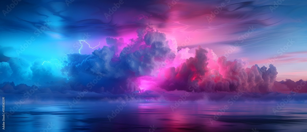 Naklejka premium Majestic and Colorful Clouds Reflecting in Tranquil Waters Under a Dramatic Sky at Sunset