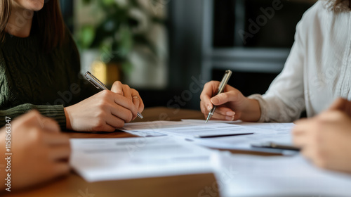Discussing home loan options, family reviews documents at dining table. They are focused and engaged in decision making process, highlighting importance of financial planning