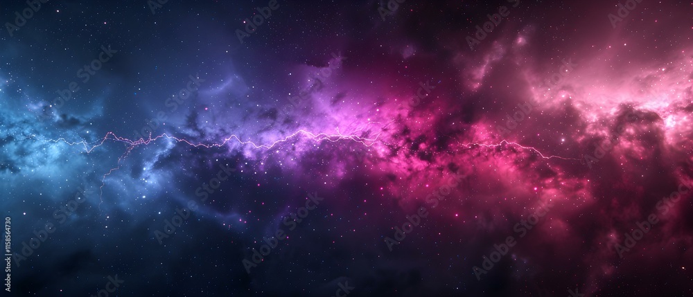 Naklejka premium Stunning Cosmic Nebula with Vibrant Colors and Mystical Overlay of Bright Stars in Vast Universe Space