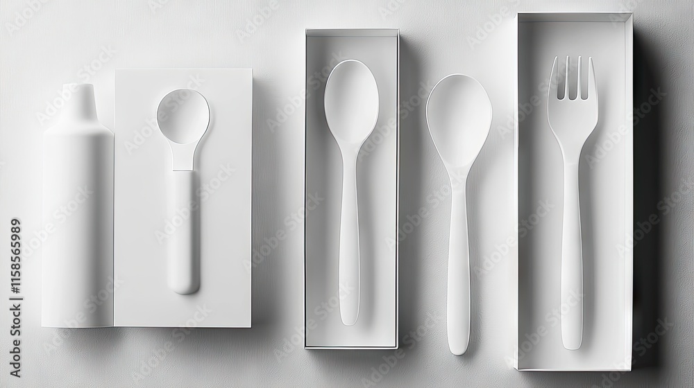 Minimalist White Cutlery and Serving Tools on a Clean Surface Minimalist White Cutlery and Serving Tools on a Clean Surface