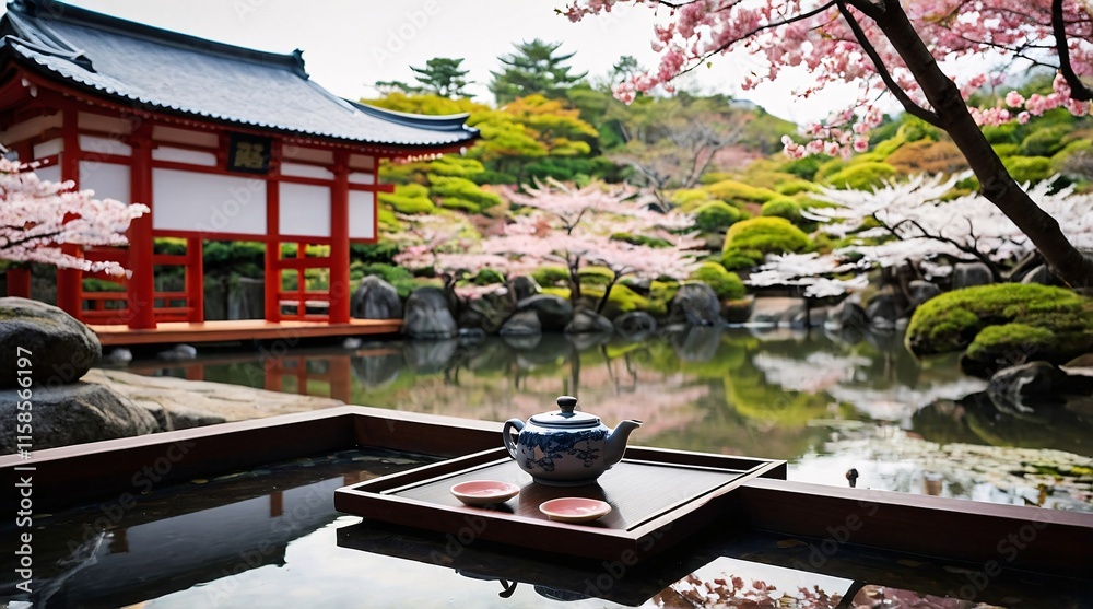 Obraz premium Serene Japanese tea terrace with blooming cherry blossoms beside a tranquil koi pond in a traditional garden setting, inviting peace and reflection