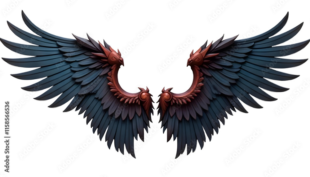 Obraz premium Dark Blue Red Angel Wings Detailed 3D Render White Background