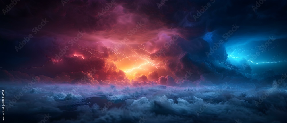 Dramatic Thunderstorm Over Dark Clouds with Vibrant Lightning and Fiery Sky at Dusk Dramatic Thunderstorm Over Dark Clouds with Vibrant Lightning and Fiery Sky at Dusk