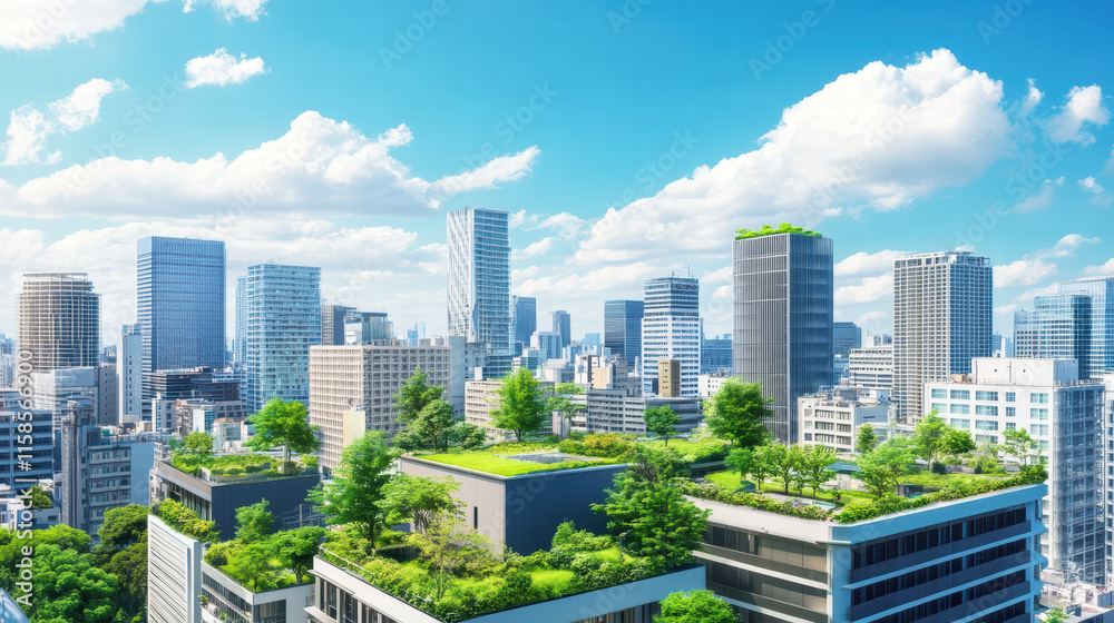 Obraz premium vibrant cityscape featuring green rooftops and urban gardens, showcasing modern architecture and clear blue sky. scene reflects sustainability and urban living
