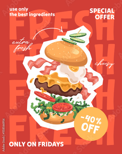 Fast food special offer voucher card design. Template of gift coupon of fastfood restaurant. Flyer with sale, discount, price off of burgers, hamburgers, cheeseburgers. Flat vector illustration