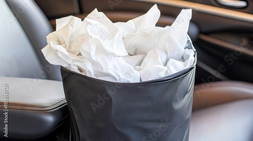 Black Trash Bin Filled with Crumpled White Paper Inside a Car photo