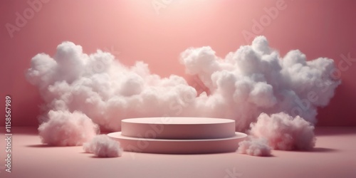 Dreamy Scene: White Pedestal on Pink Background Surrounded by Fluffy Clouds, Creating Depth and Dimension. Ethereal and Surreal Atmosphere.