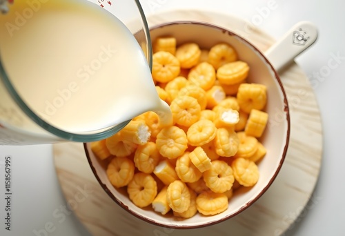 Tasty corn flakes in bowl with bottle of milk. Rustic wooden background with homespun napkin. Healthy crispy breakfast snack. Place for text. Top view, flat lay.
