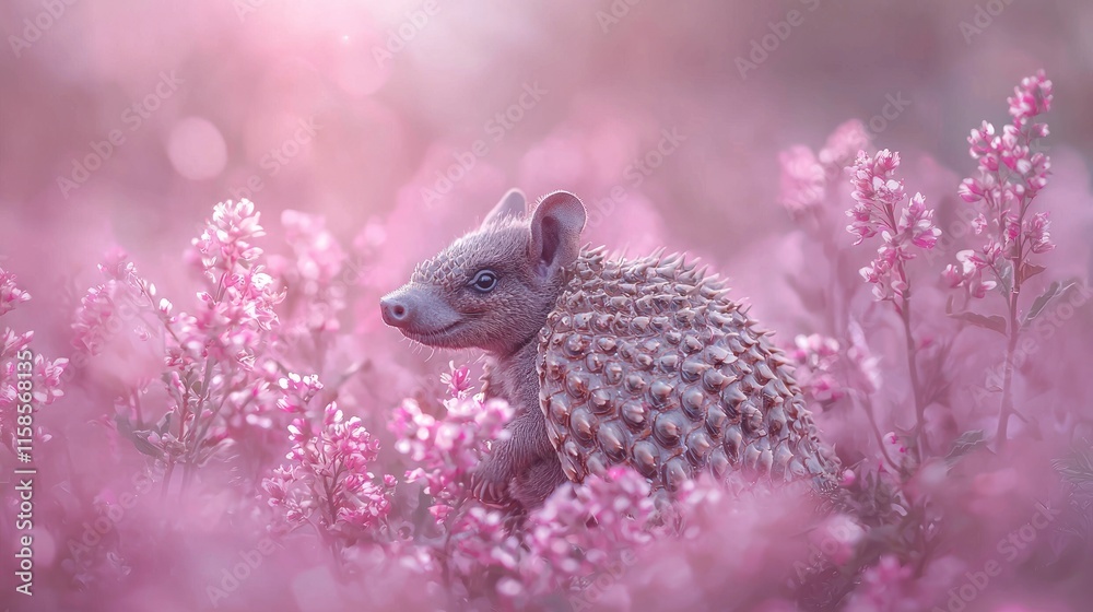 Obraz premium Cute hedgehog figurine in pink flowers.