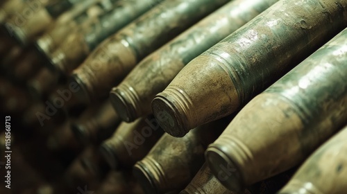 Artillery shells stacked in a bunker, ready for wartime use. Close-up with shallow focus. 
