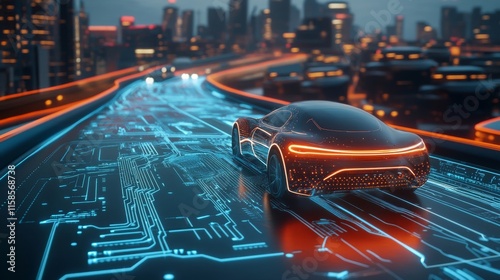 Autonomous driving and semiconductor shortage. Concept of CPU and system circuits in 3D renderings. 