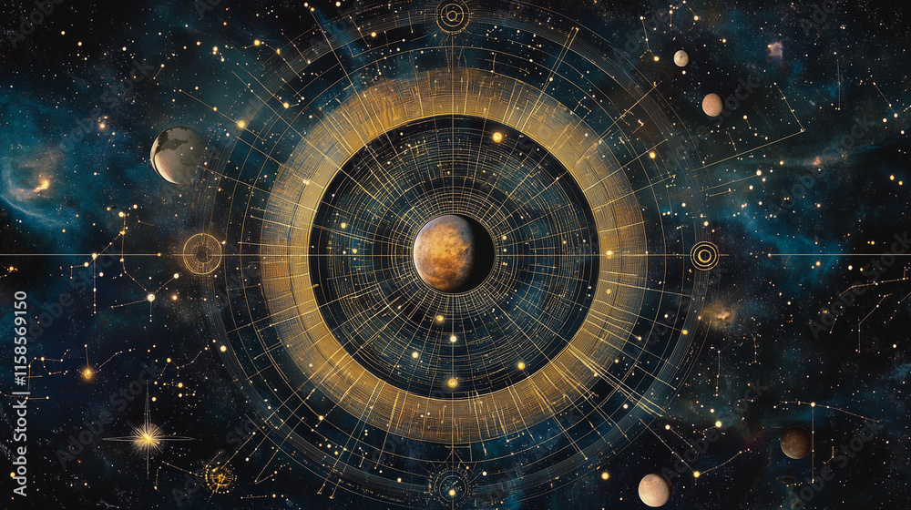 Obraz premium Okrągły wykres horoskopowy z dokładnymi pozycjami planet, podziałem na dwanaście domów i zodiak, otoczony delikatnym blaskiem gwiaździstego nieba, tworzący harmonijną i kosmiczną kompozycję.