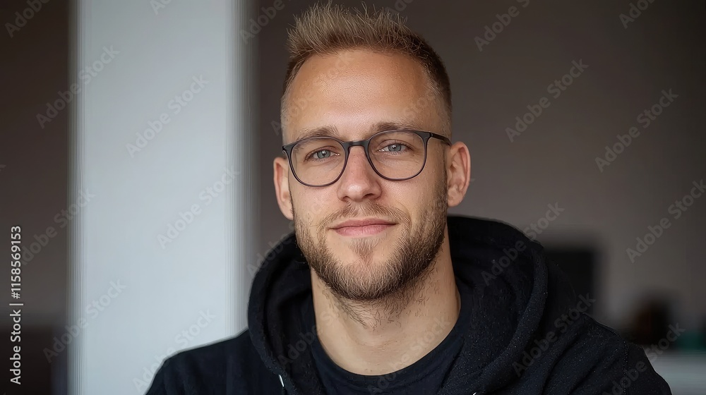 Casual portrait of a smiling man indoor setting lifestyle image natural light close-up confidence and approachability