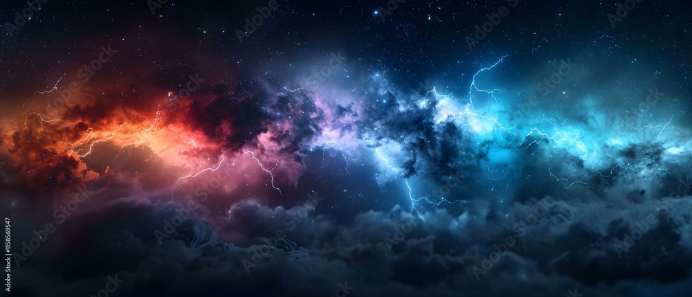 Stunning Cosmic Scene with Colorful Clouds, Lightning, and Stars in Night Sky Lighting Up the Universe