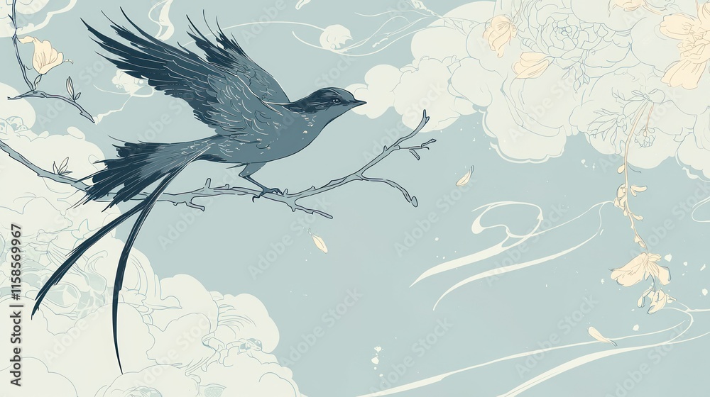 Fototapeta premium Elegant blue bird perched on a branch amidst stylized clouds and flowers.