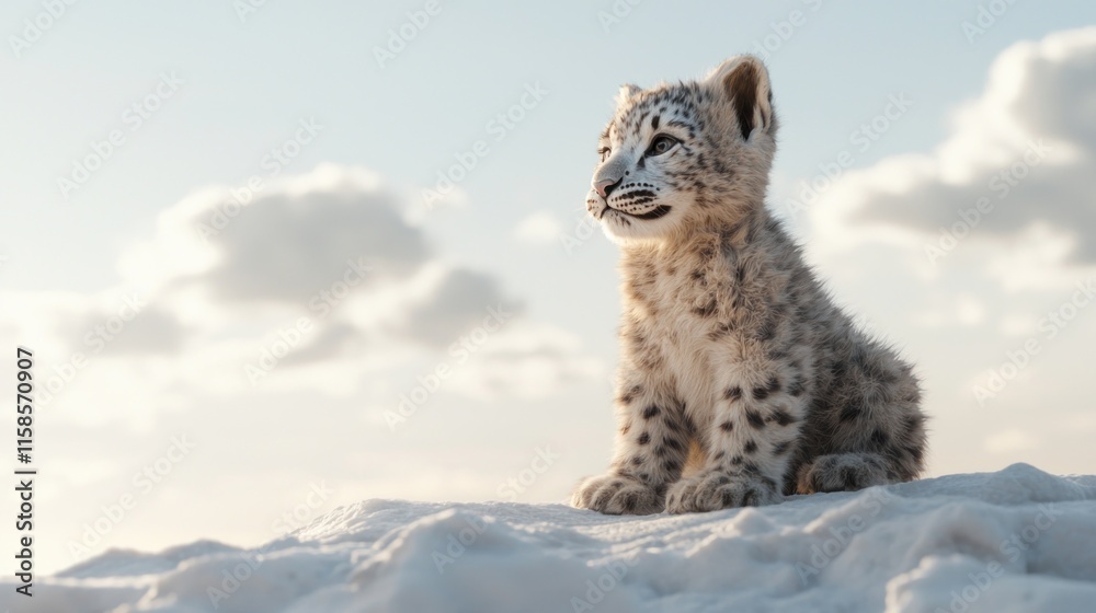 Fototapeta premium Adorable snow leopard cub sitting on snow, looking up at sunset.
