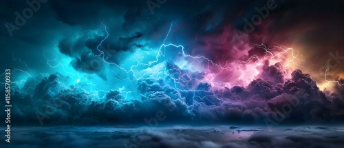 Dramatic Lightning Storm Over Mysterious Clouds in Vibrant Color Palette at Night Sky