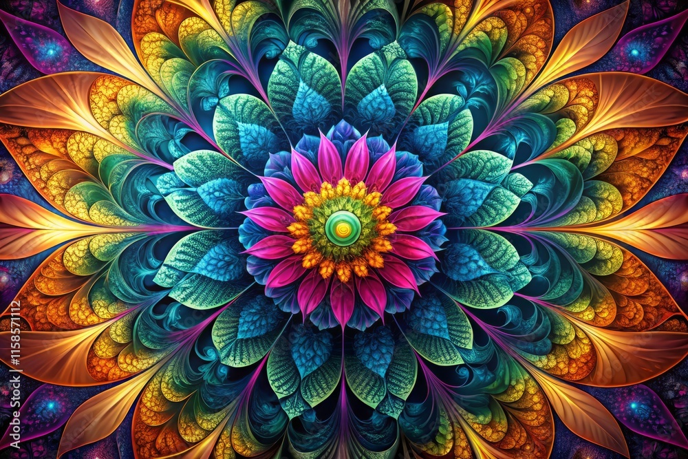 Abstract Fractal Floral Background: Wide-Angle Flower Design, Psychedelic Botany Art Abstract Fractal Floral Background: Wide-Angle Flower Design, Psychedelic Botany Art