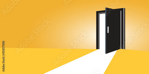 Open door with light icon in flat style. Dark room vector illustration on isolated background. Doorway entrance sign business concept.