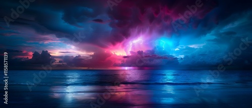 Dramatic Lightning Storm Over Tranquil Ocean at Dusk with Colorful Clouds and Reflections on Water Surface
