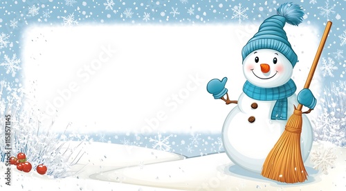Boneco de neve festivo dos desenhos animados no fundo do inverno com espaço livre para texto

