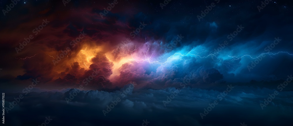 Dramatic Storm Clouds Illuminated by Lightning and Vibrant Colors in the Night Sky Dramatic Storm Clouds Illuminated by Lightning and Vibrant Colors in the Night Sky
