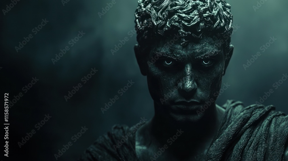 Mythical Greek Figure with Intense Gaze and Shadowed Ambiance Mythical Greek Figure with Intense Gaze and Shadowed Ambiance