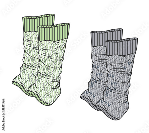 Knit leg warmers flat drawing vector design mockup template.