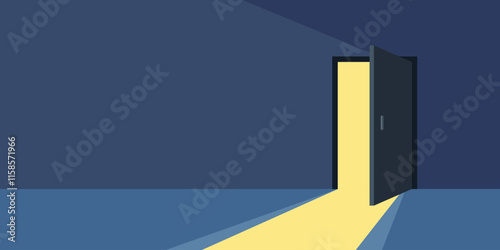 Open door with light icon in flat style. Dark room vector illustration on isolated background. Doorway entrance sign business concept.