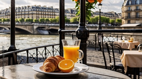 Savoring breakfast on a charming Parisian terrace overlooking the Seine with a warm croissant and fresh juice photo