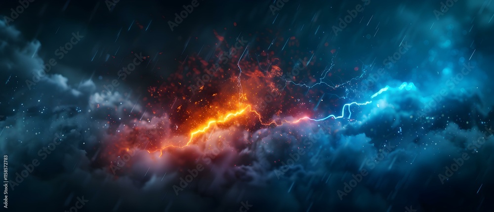 Dramatic Stormy Sky with Lightning and Rain Over Dark Clouds in a Colorful Display of Nature's Power Dramatic Stormy Sky with Lightning and Rain Over Dark Clouds in a Colorful Display of Nature's Power