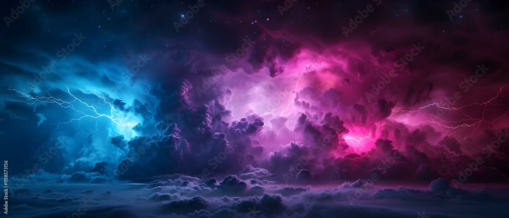 Fototapeta premium Dramatic Colorful Thunderstorm Clouds with Electric Lightning in Night Sky Oversofted Landscape