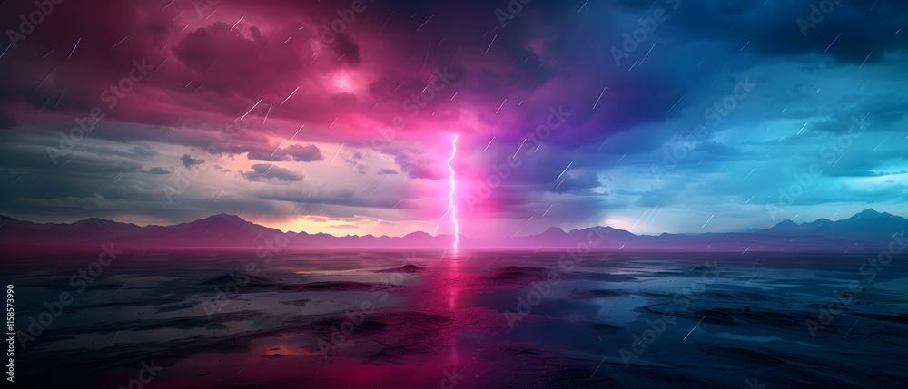 Obraz premium Dramatic Sky with Lightning Over Calm Ocean Waters at Dusk in Vibrant Colors