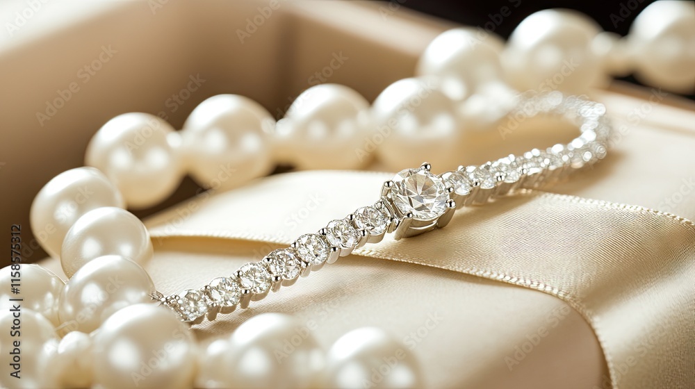 Elegant Jewelry Set with Pearls and Diamonds on Satin Background Elegant Jewelry Set with Pearls and Diamonds on Satin Background