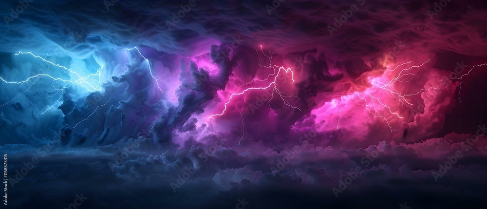 Fototapeta premium Dramatic Storm Clouds with Electric Lightning Strikes in Vivid Colors Over a Dark Sky