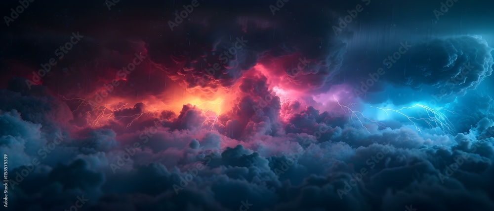 Dramatic Thunderstorm Clouds Illuminated by Vibrant Red and Blue Lightning Strikes in a Dark Atmospheric Sky Dramatic Thunderstorm Clouds Illuminated by Vibrant Red and Blue Lightning Strikes in a Dark Atmospheric Sky