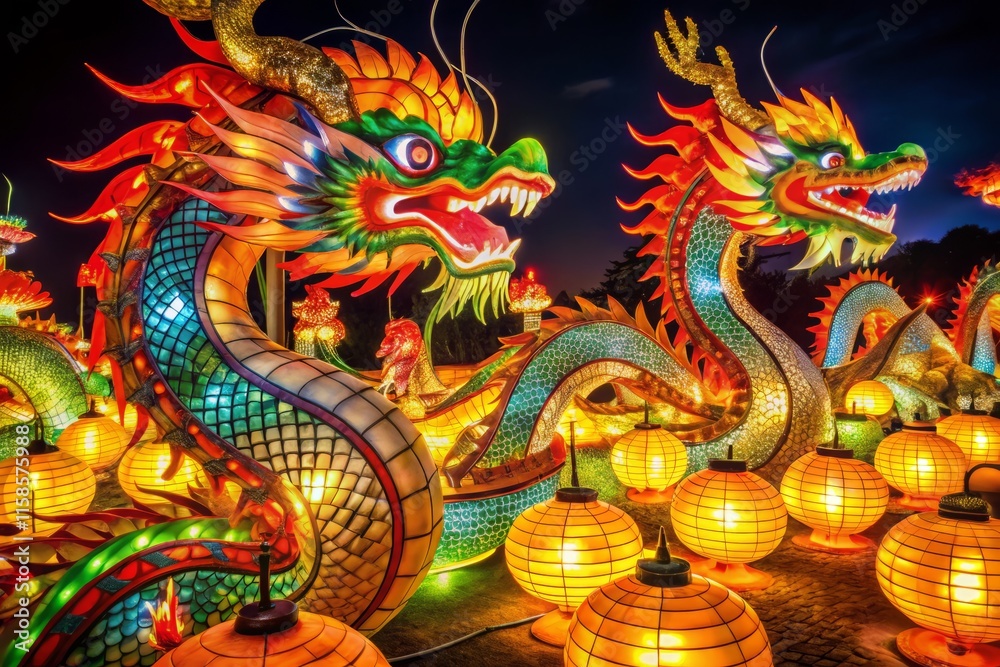 Aerial View: Lunar New Year Dragon Lanterns, Festive Celebration, Bird's Eye Perspective, Chinese New Year Decorations, Red Lanterns, Traditional Design Aerial View: Lunar New Year Dragon Lanterns, Festive Celebration, Bird's Eye Perspective, Chinese New Year Decorations, Red Lanterns, Traditional Design