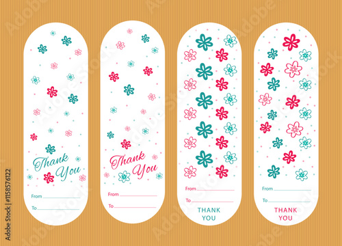 Address long sticker for gift box, with cute flat flowers in pink and turquoise, vector sticker, words thank you