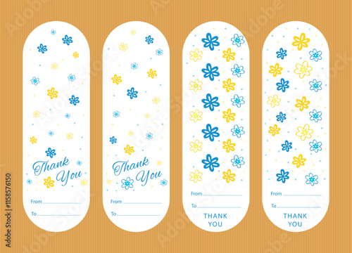 Address sticker with vector sticker for gift box, with cute flat flowers in yellow and blue, vector sticker, words thank you