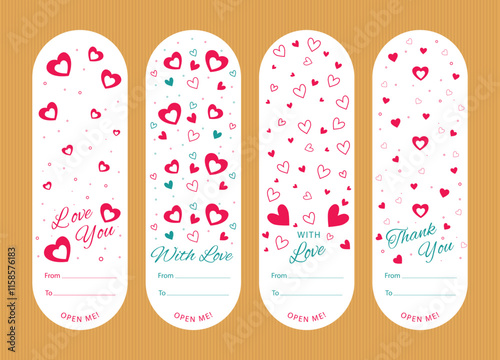 Vector sticker for a gift box, with words of love and appreciation, vector hearts