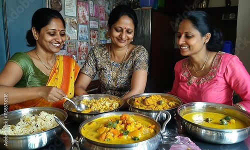 Three South Asian women smiling proudly beside bowls of delicious, home-cooked curries.