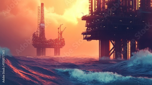 Dusk at Oil Rigs in the Sea with Crashing Waves