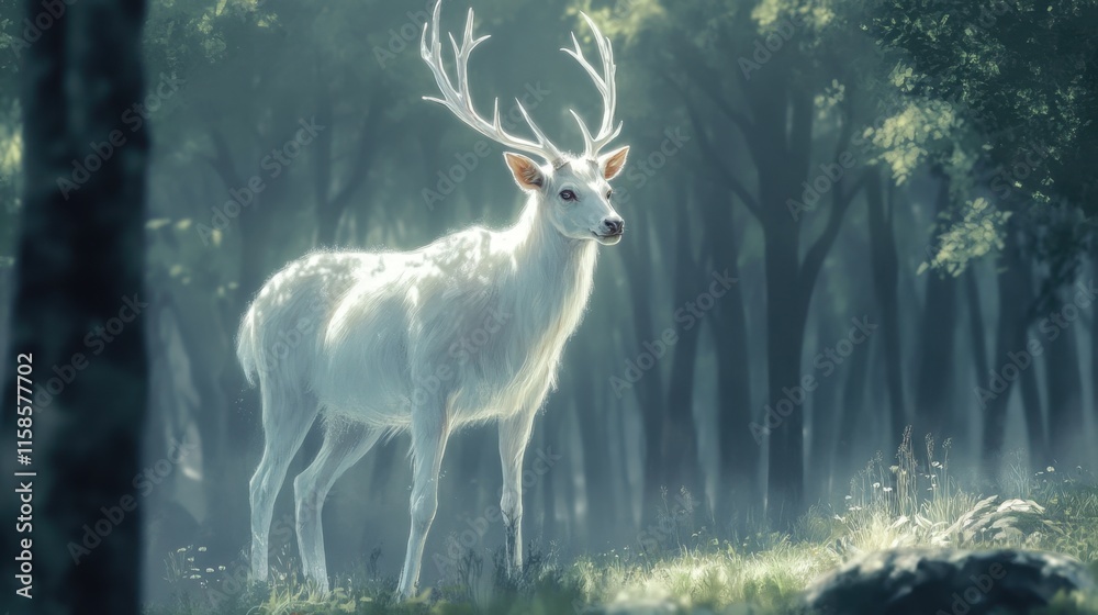 Elegant Albino Deer in a Serene Forest Setting