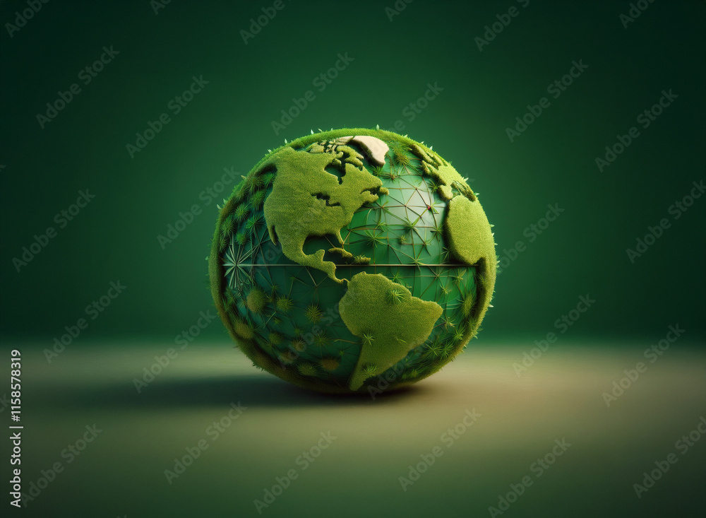 A vibrant green globe, textured like moss, sits on a subtle beige surface against a deep green backdrop. It symbolizes environmental awareness and the fragility of nature. A vibrant green globe, textured like moss, sits on a subtle beige surface against a deep green backdrop. It symbolizes environmental awareness and the fragility of nature.