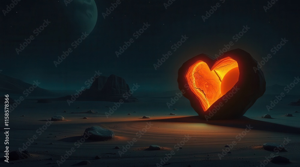 Fototapeta premium A glowing heart-shaped rock illuminates a dark, alien landscape, set against a distant planet and starry sky, evoking feelings of love and wonder.